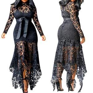 Long Sleeve Chiffon Belt Irregular Hem Hollow Lace Sexy Bodycon Long Dress